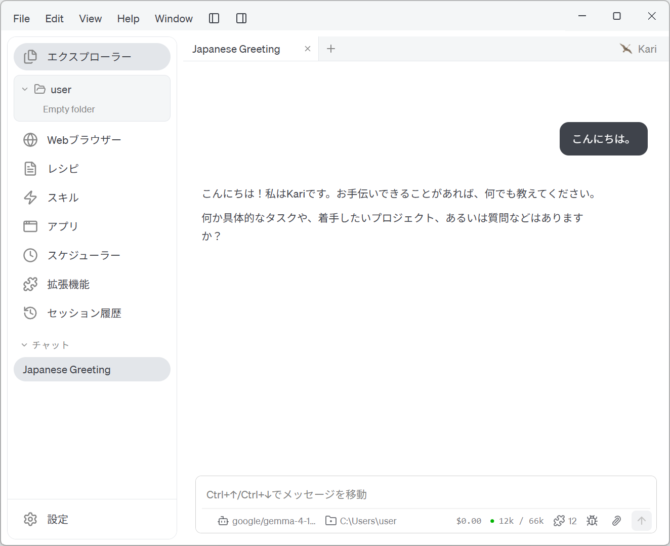 カスタムプロバイダーチャット開始